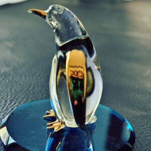 Glass Baron Mini Art Glass Penguin Figurine w Gold Accents on Blue Mirror